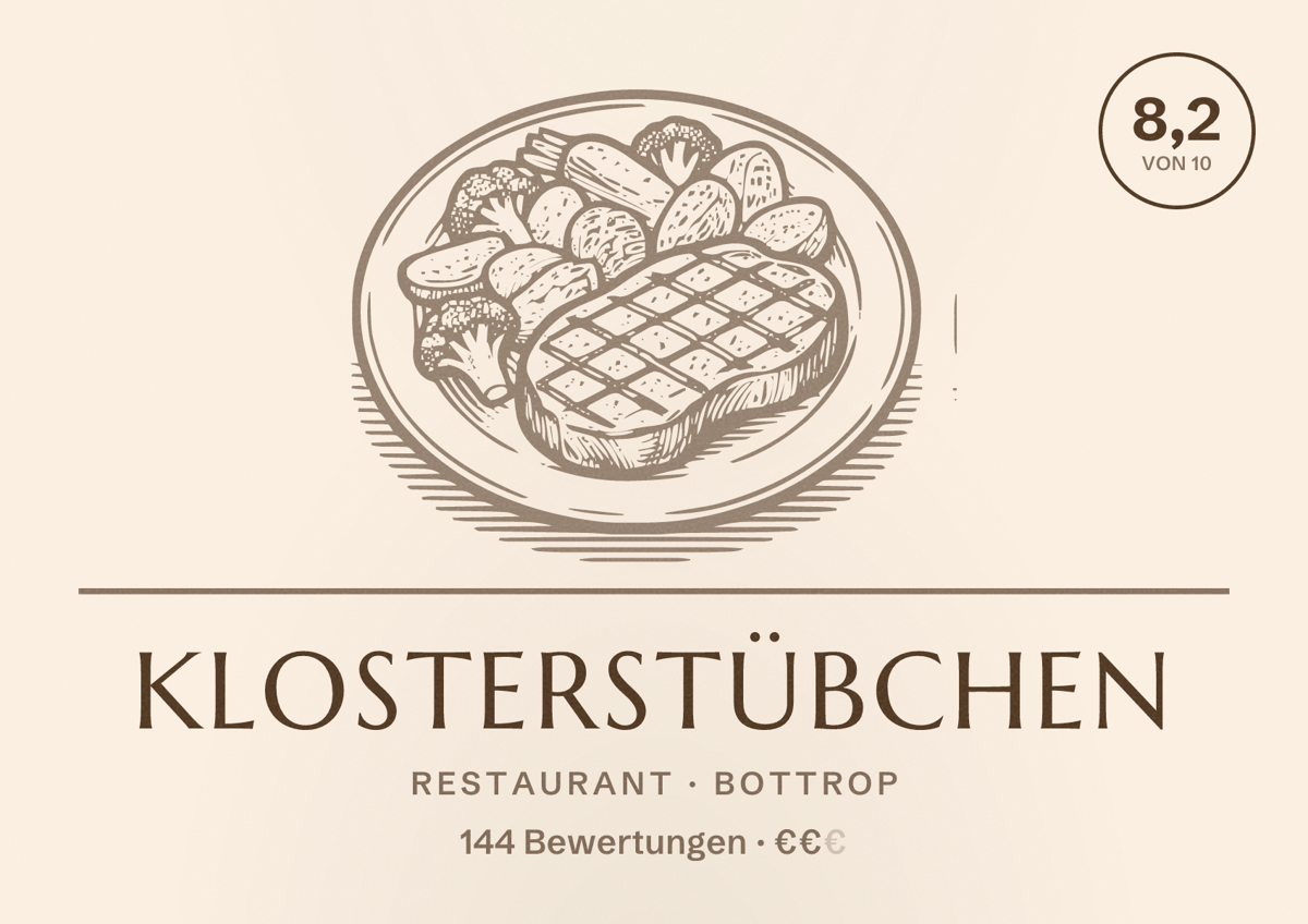 Illustriertes Poster von Klosterstübchen, Restaurant in Bottrop: Bewertung 8,2 von 10 aus 144 Bewertungen, Preisniveau €€