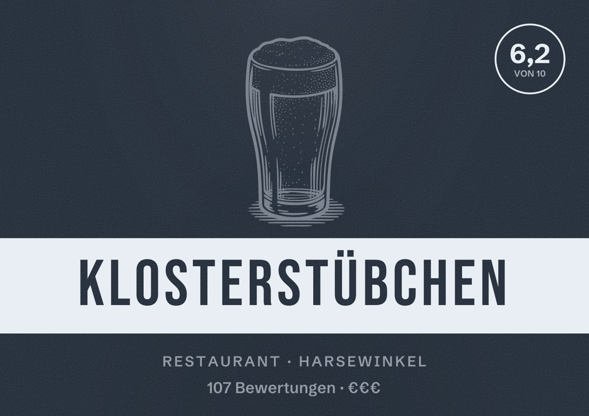 Illustriertes Poster von KlosterStübchen, Restaurant in Harsewinkel: Bewertung 6,2 von 10 aus 107 Bewertungen, Preisniveau €€€