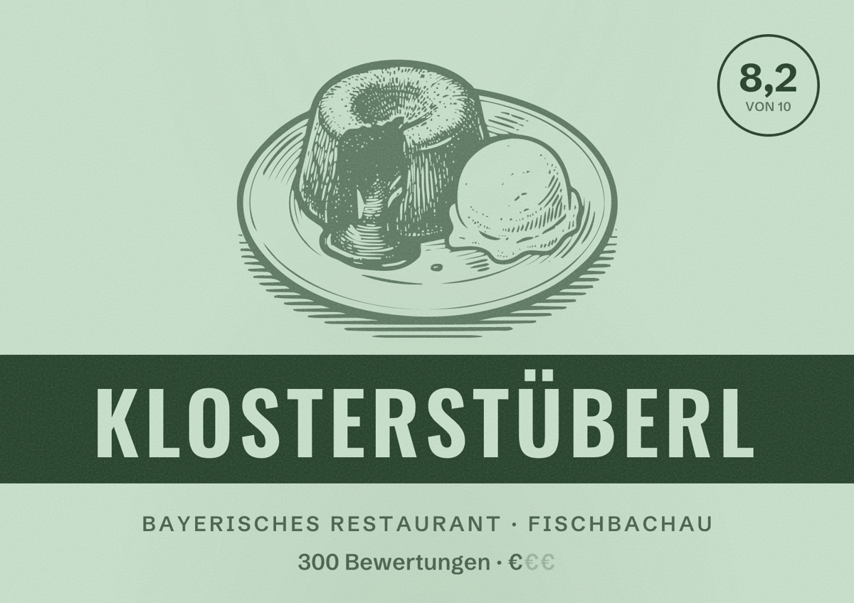 Illustriertes Poster von Klosterstüberl, Bayerisches Restaurant in Fischbachau: Bewertung 8,2 von 10 aus 300 Bewertungen, Preisniveau €