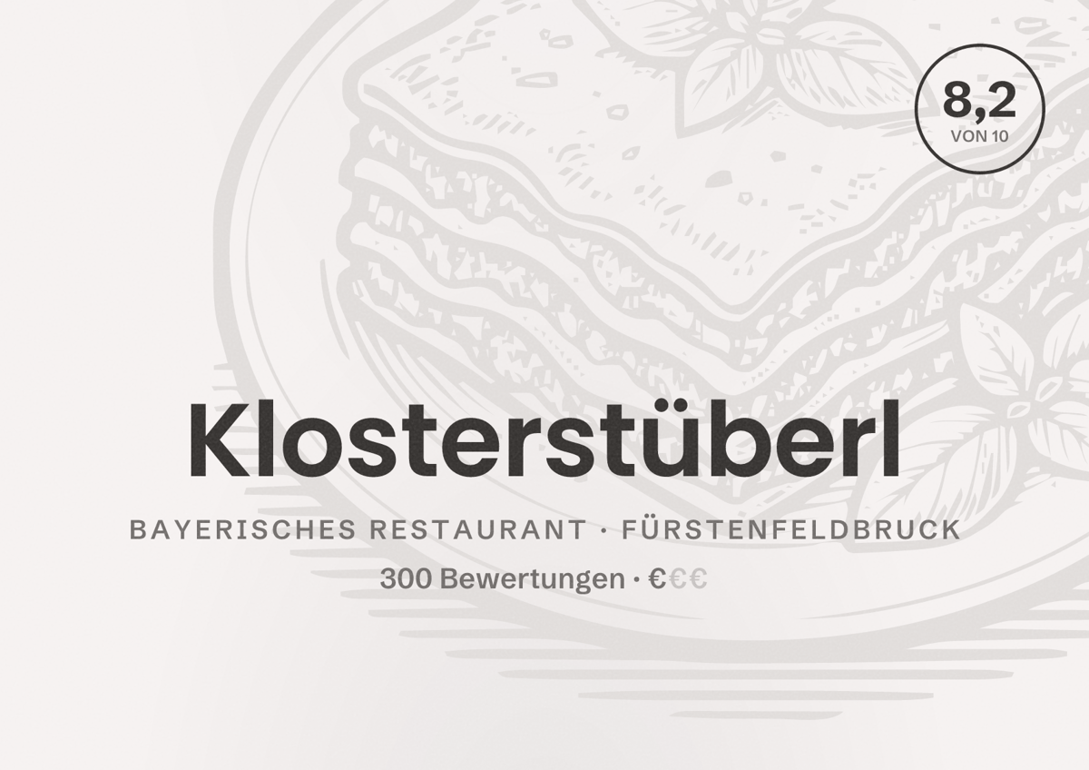 Illustriertes Poster von Klosterstüberl, Bayerisches Restaurant in Fürstenfeldbruck: Bewertung 8,2 von 10 aus 300 Bewertungen, Preisniveau €