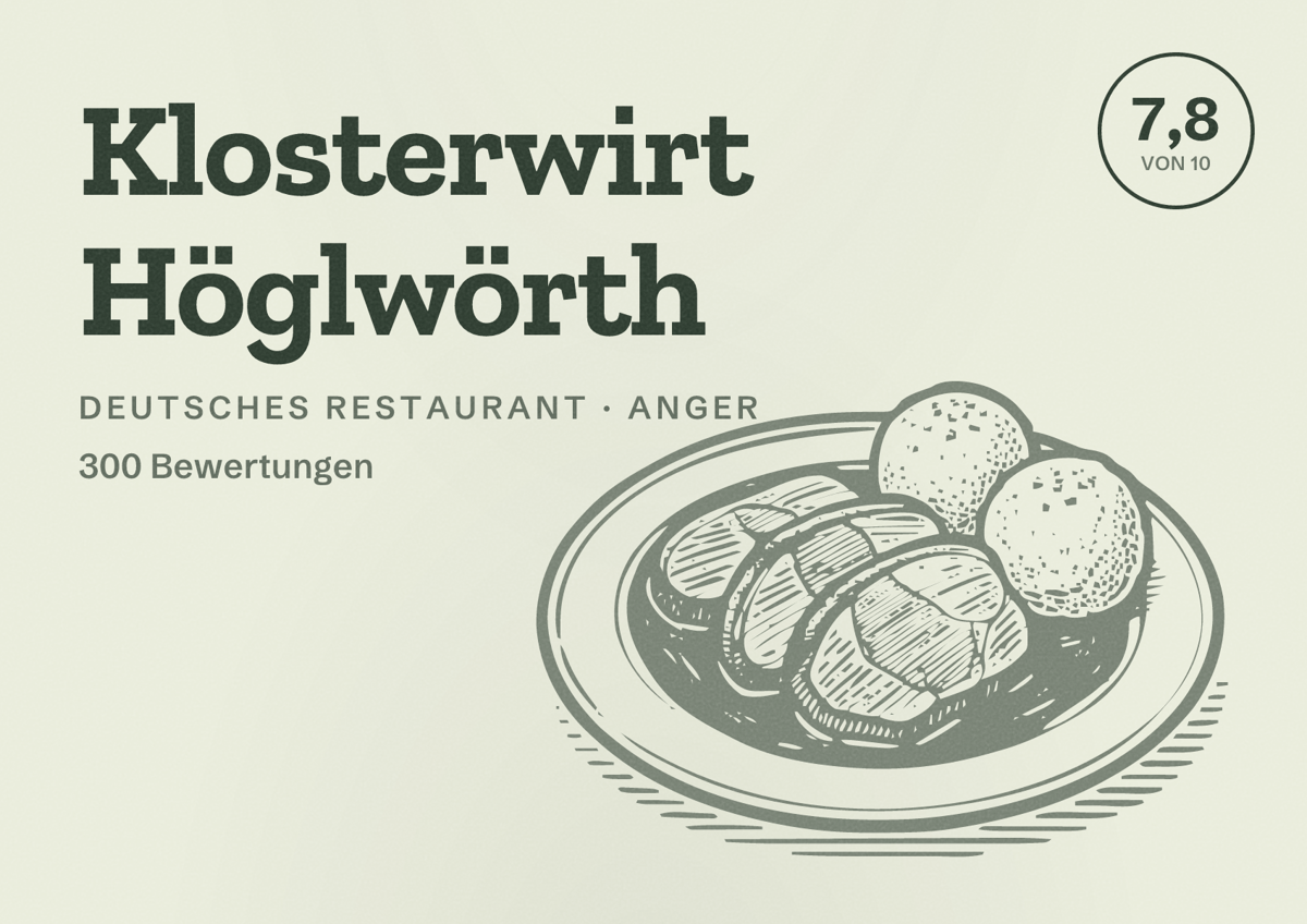 Illustriertes Poster von Klosterwirt Höglwörth, Deutsches Restaurant in Anger: Bewertung 7,8 von 10 aus 300 Bewertungen