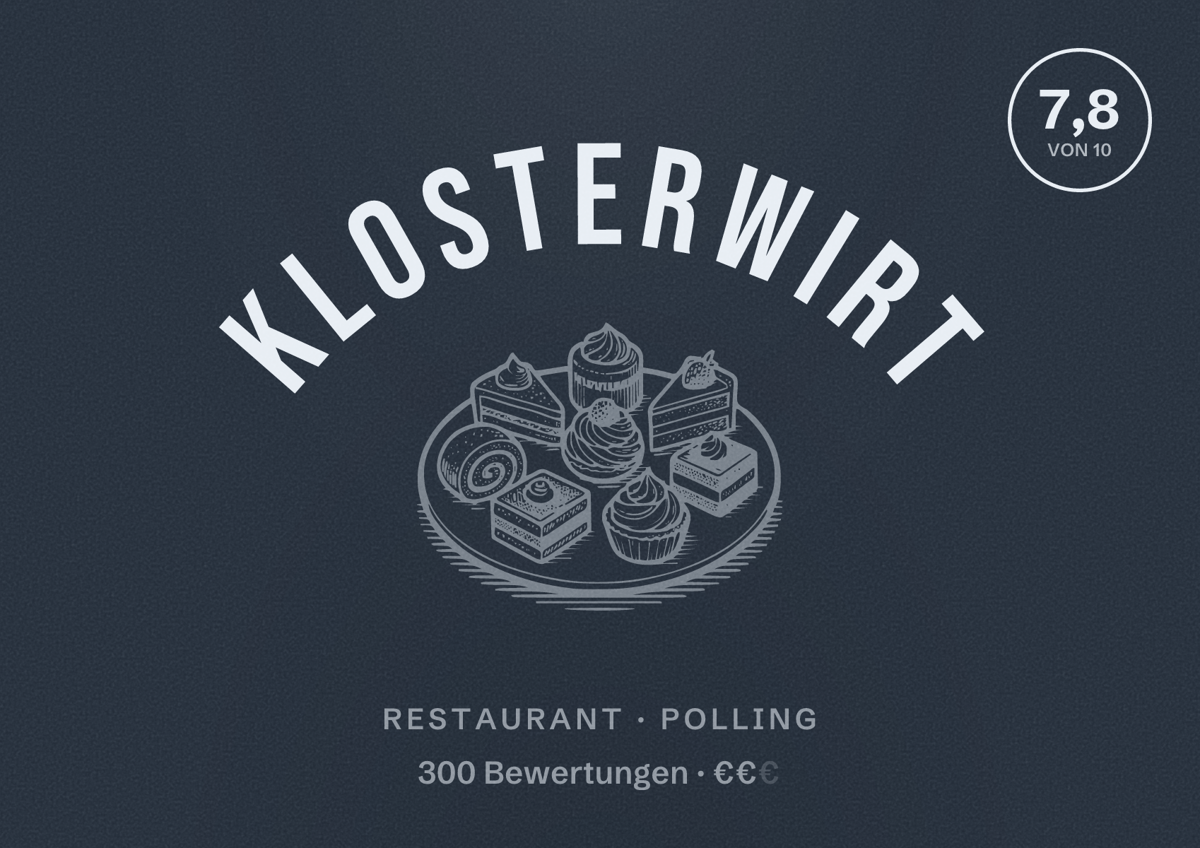 Illustriertes Poster von Klosterwirt, Restaurant in Polling: Bewertung 7,8 von 10 aus 300 Bewertungen, Preisniveau €€