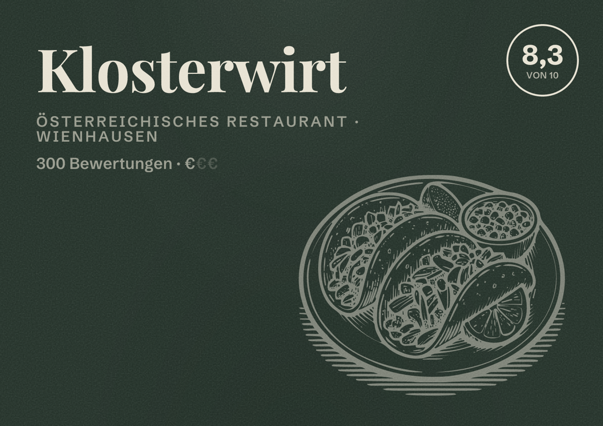Illustriertes Poster von Klosterwirt, Österreichisches Restaurant in Wienhausen: Bewertung 8,3 von 10 aus 300 Bewertungen, Preisniveau €