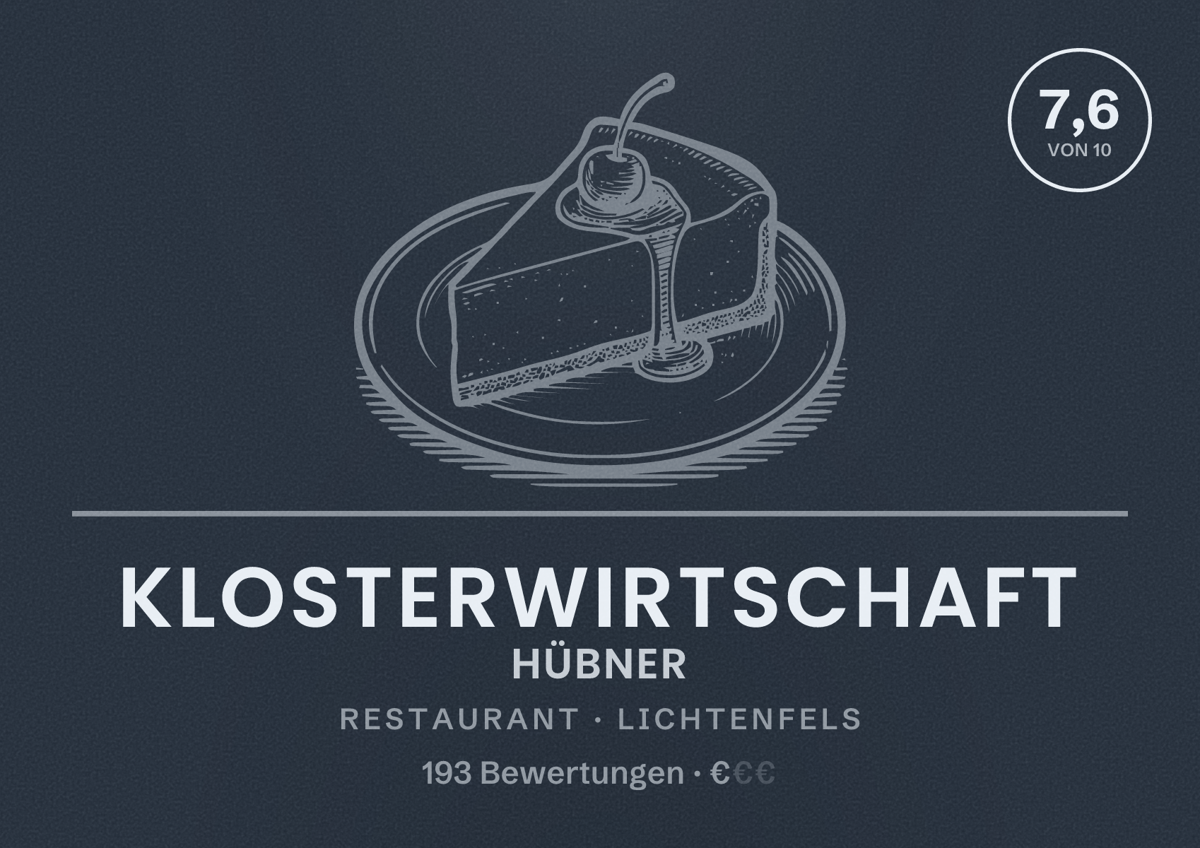 Illustriertes Poster von Klosterwirtschaft Hübner, Restaurant in Lichtenfels: Bewertung 7,6 von 10 aus 193 Bewertungen, Preisniveau €