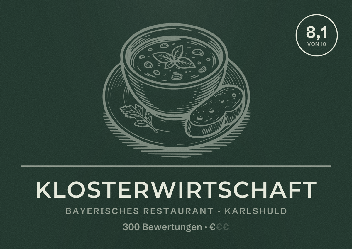 Illustriertes Poster von Klosterwirtschaft, Bayerisches Restaurant in Karlshuld: Bewertung 8,1 von 10 aus 300 Bewertungen, Preisniveau €