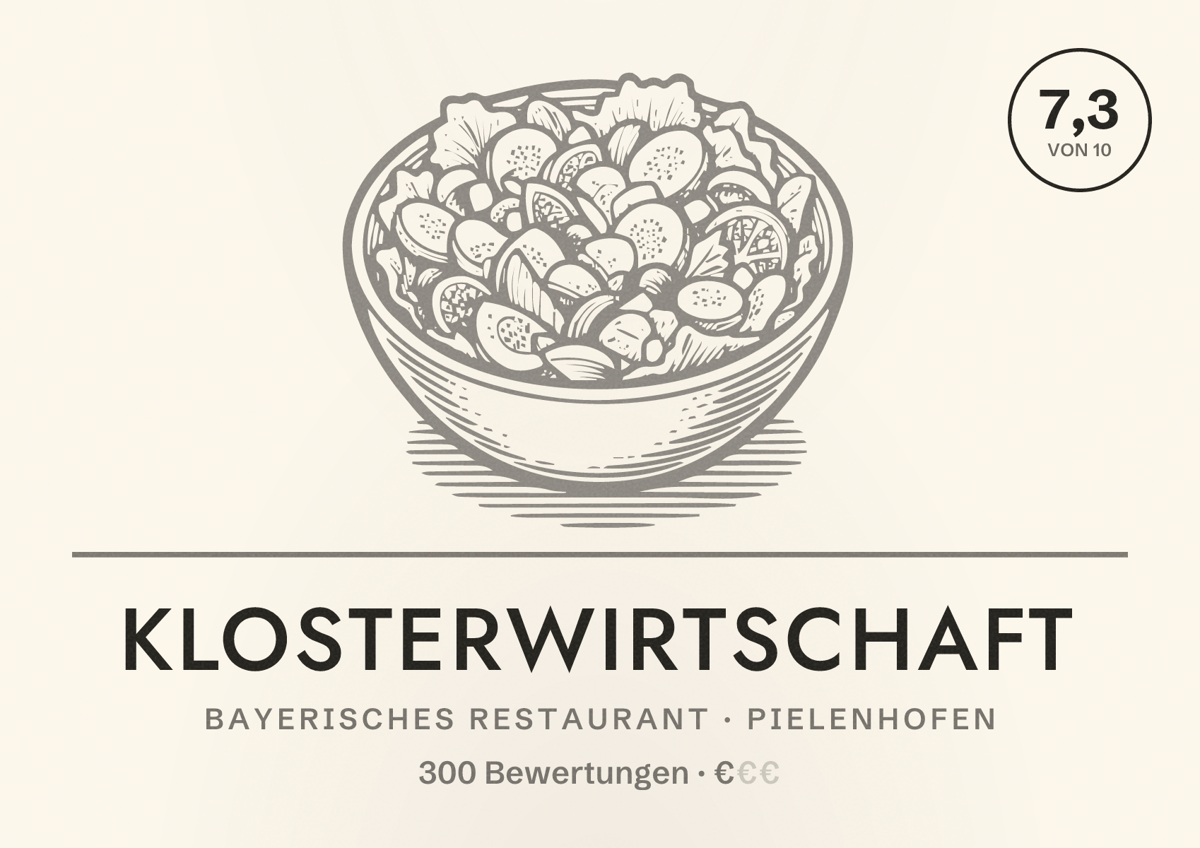 Illustriertes Poster von Klosterwirtschaft, Bayerisches Restaurant in Pielenhofen: Bewertung 7,3 von 10 aus 300 Bewertungen, Preisniveau €