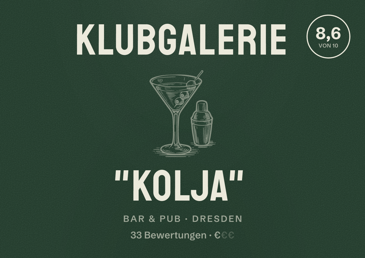 Illustriertes Poster von Klubgalerie "Kolja", Bar & Pub in Dresden: Bewertung 8,6 von 10 aus 33 Bewertungen, Preisniveau €