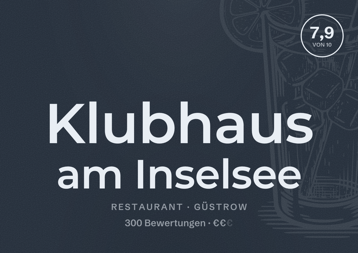 Illustriertes Poster von Klubhaus am Inselsee, Restaurant in Güstrow: Bewertung 7,9 von 10 aus 300 Bewertungen, Preisniveau €€