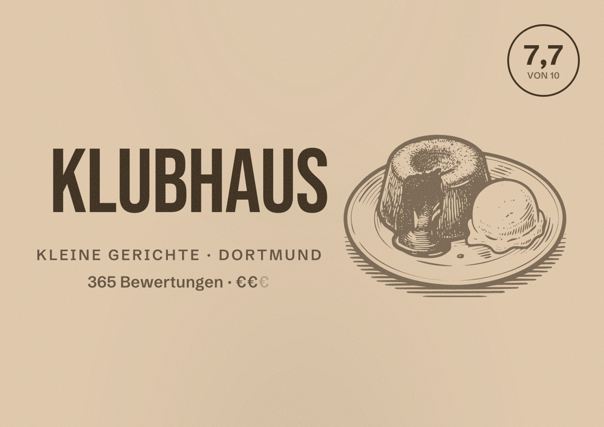 Illustriertes Poster von KLUBHAUS, Kleine Gerichte in Dortmund: Bewertung 7,7 von 10 aus 365 Bewertungen, Preisniveau €€