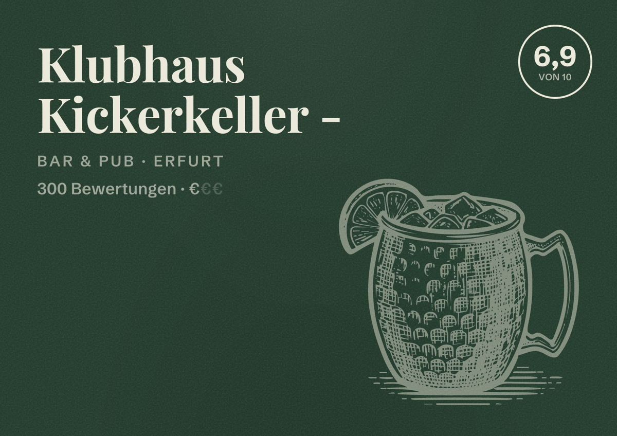 Illustriertes Poster von Klubhaus Kickerkeller -, Bar & Pub in Erfurt: Bewertung 6,9 von 10 aus 300 Bewertungen, Preisniveau €