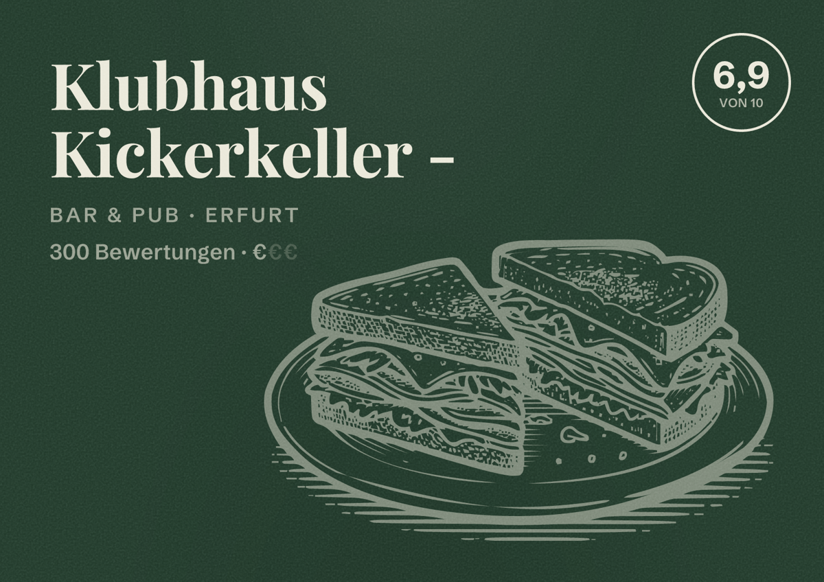 Illustriertes Poster von Klubhaus Kickerkeller -, Bar & Pub in Erfurt: Bewertung 6,9 von 10 aus 300 Bewertungen, Preisniveau €