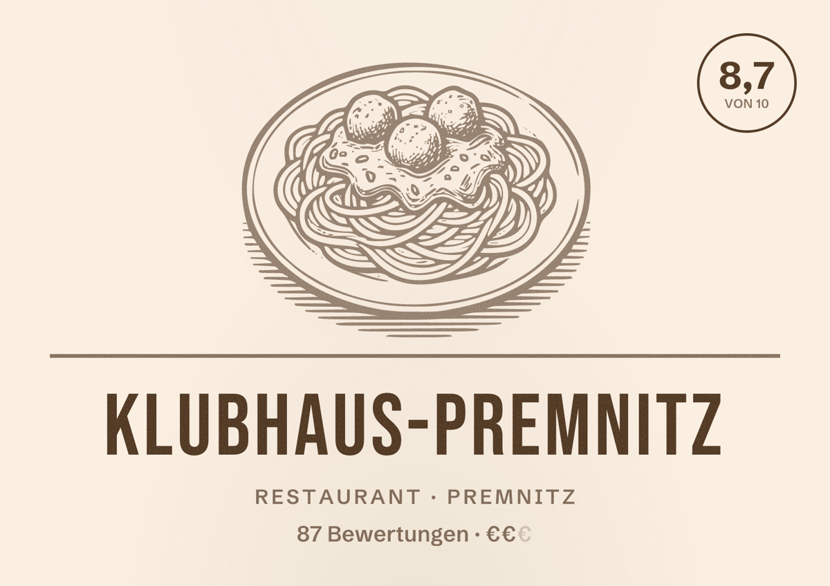 Illustriertes Poster von Klubhaus-Premnitz, Restaurant in Premnitz: Bewertung 8,7 von 10 aus 87 Bewertungen, Preisniveau €€