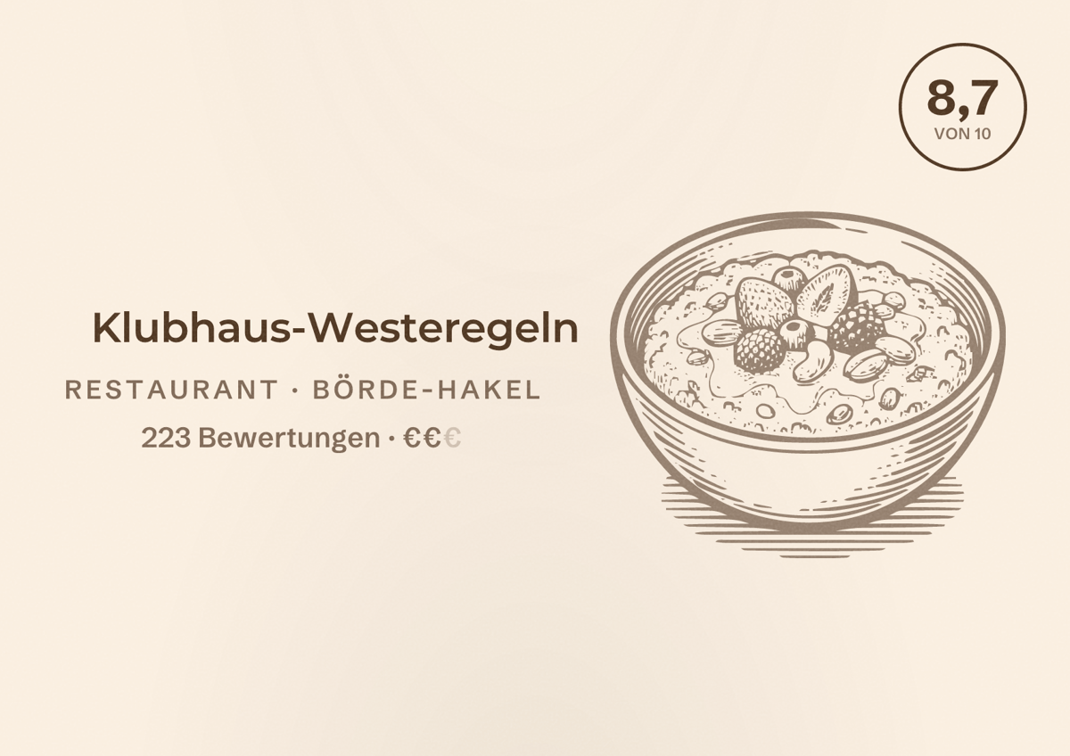 Illustriertes Poster von Klubhaus-Westeregeln, Restaurant in Börde-Hakel: Bewertung 8,7 von 10 aus 223 Bewertungen, Preisniveau €€