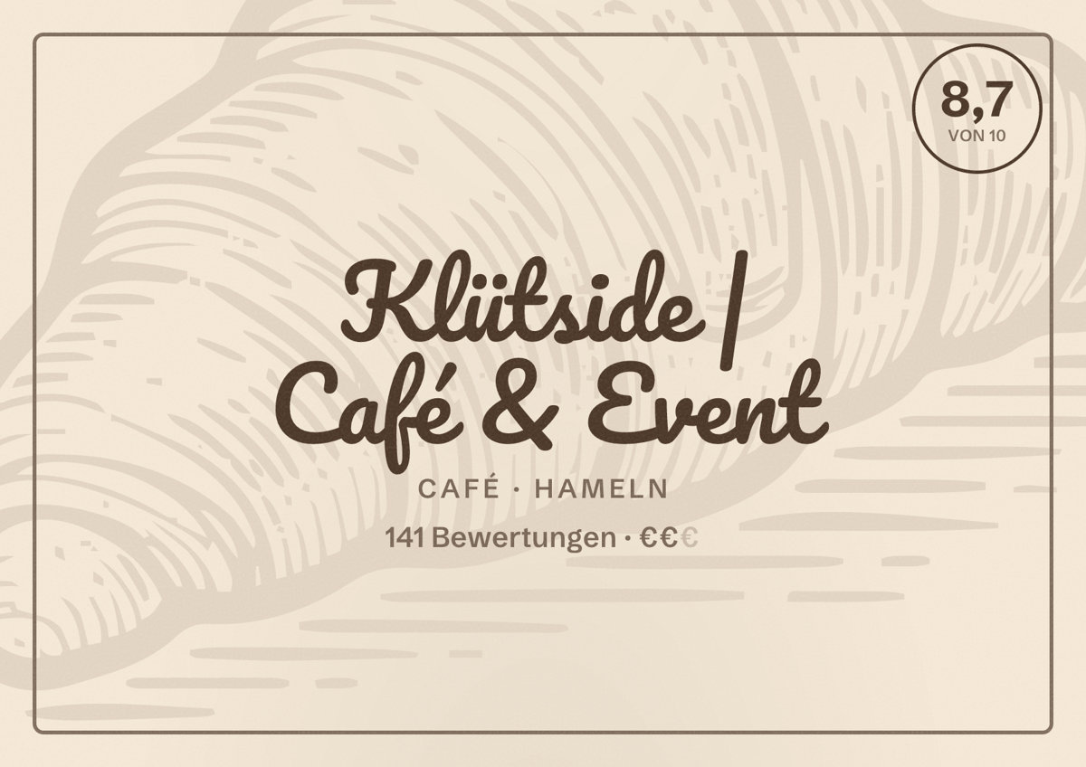 Illustriertes Poster von Klütside | Café & Event, Café in Hameln: Bewertung 8,7 von 10 aus 141 Bewertungen, Preisniveau €€