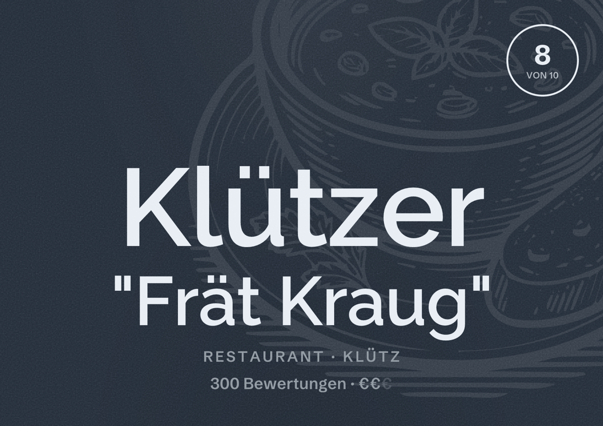 Illustriertes Poster von Klützer "Frät Kraug", Restaurant in Klütz: Bewertung 8 von 10 aus 300 Bewertungen, Preisniveau €€