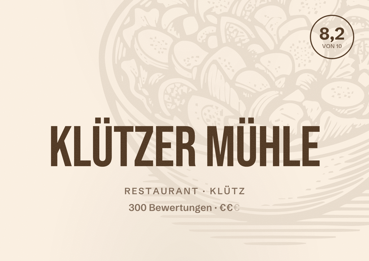 Illustriertes Poster von Klützer Mühle, Restaurant in Klütz: Bewertung 8,2 von 10 aus 300 Bewertungen, Preisniveau €€