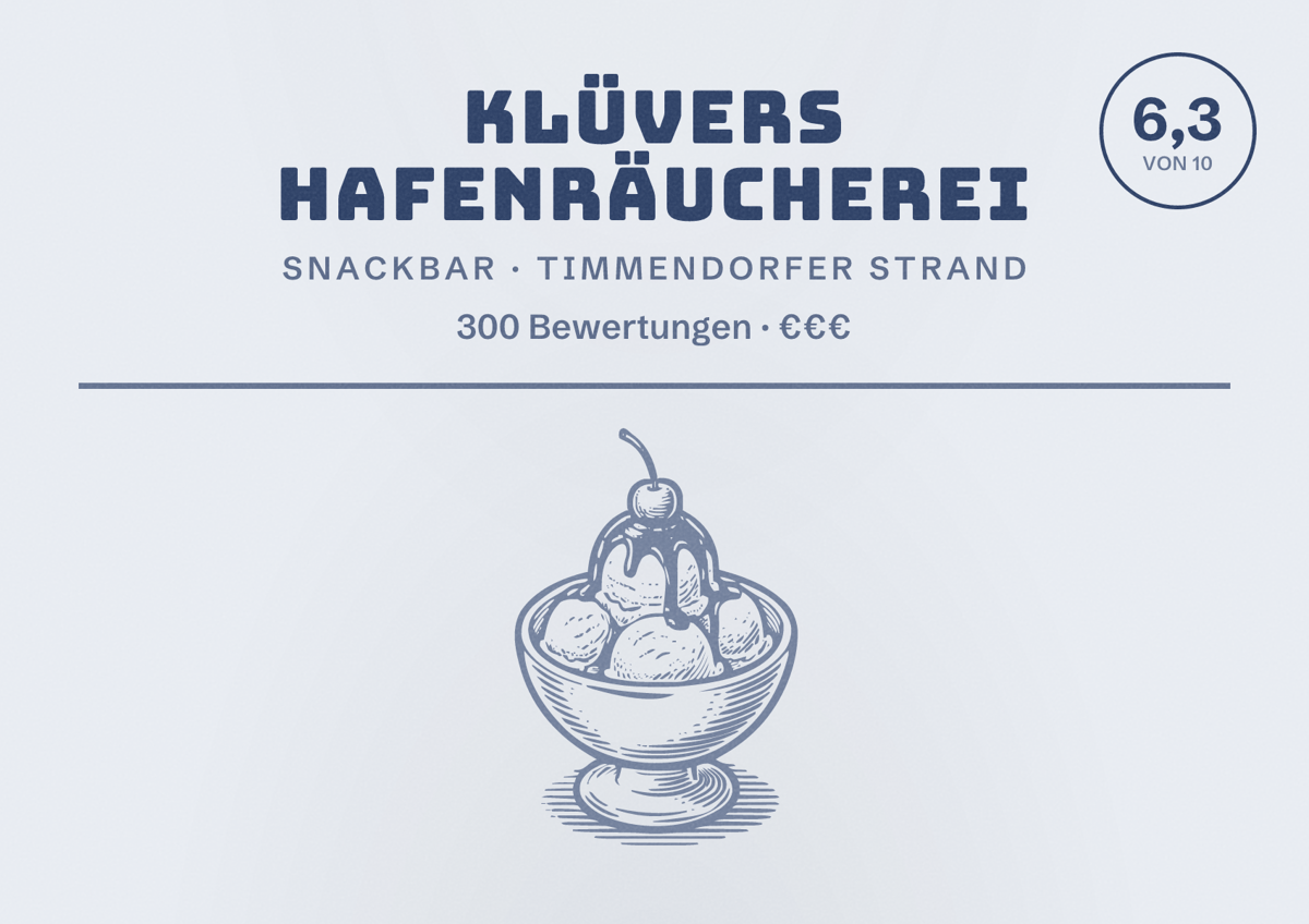 Illustriertes Poster von Klüvers Hafenräucherei, Snackbar in Timmendorfer Strand: Bewertung 6,3 von 10 aus 300 Bewertungen, Preisniveau €€€