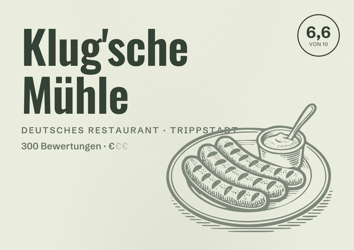 Illustriertes Poster von Klug'sche Mühle, Deutsches Restaurant in Trippstadt: Bewertung 6,6 von 10 aus 300 Bewertungen, Preisniveau €