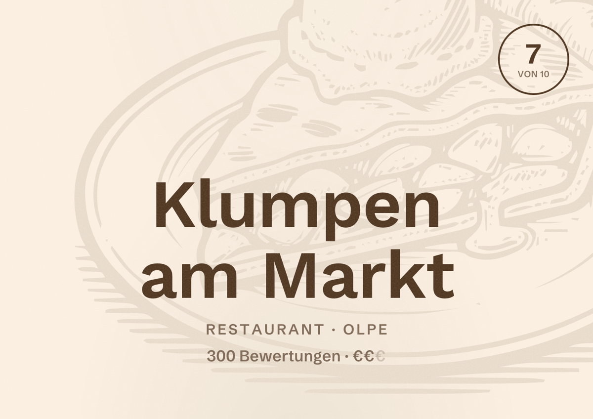 Illustriertes Poster von Klumpen am Markt, Restaurant in Olpe: Bewertung 7 von 10 aus 300 Bewertungen, Preisniveau €€