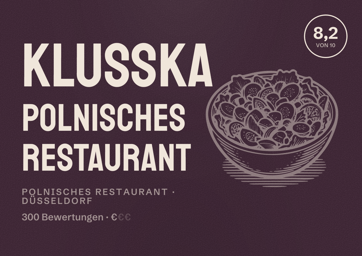 Illustriertes Poster von Klußka Polnisches Restaurant, Polnisches Restaurant in Düsseldorf: Bewertung 8,2 von 10 aus 300 Bewertungen, Preisniveau €