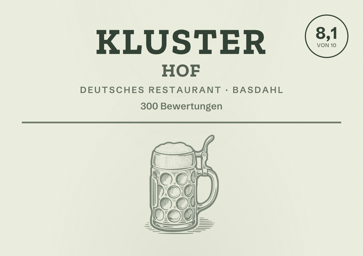 Illustriertes Poster von Kluster Hof, Deutsches Restaurant in Basdahl: Bewertung 8,1 von 10 aus 300 Bewertungen