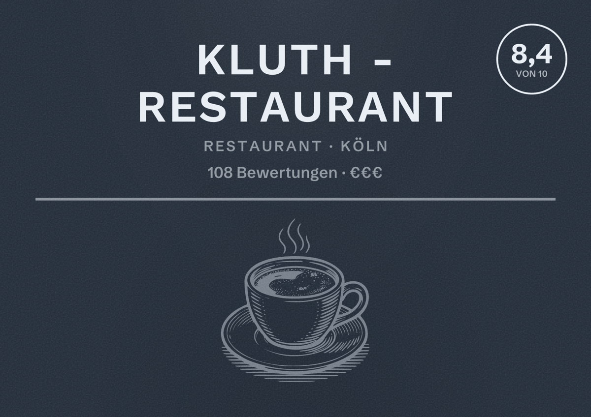 Illustriertes Poster von KLUTH - Restaurant, Restaurant in Köln: Bewertung 8,4 von 10 aus 108 Bewertungen, Preisniveau €€€