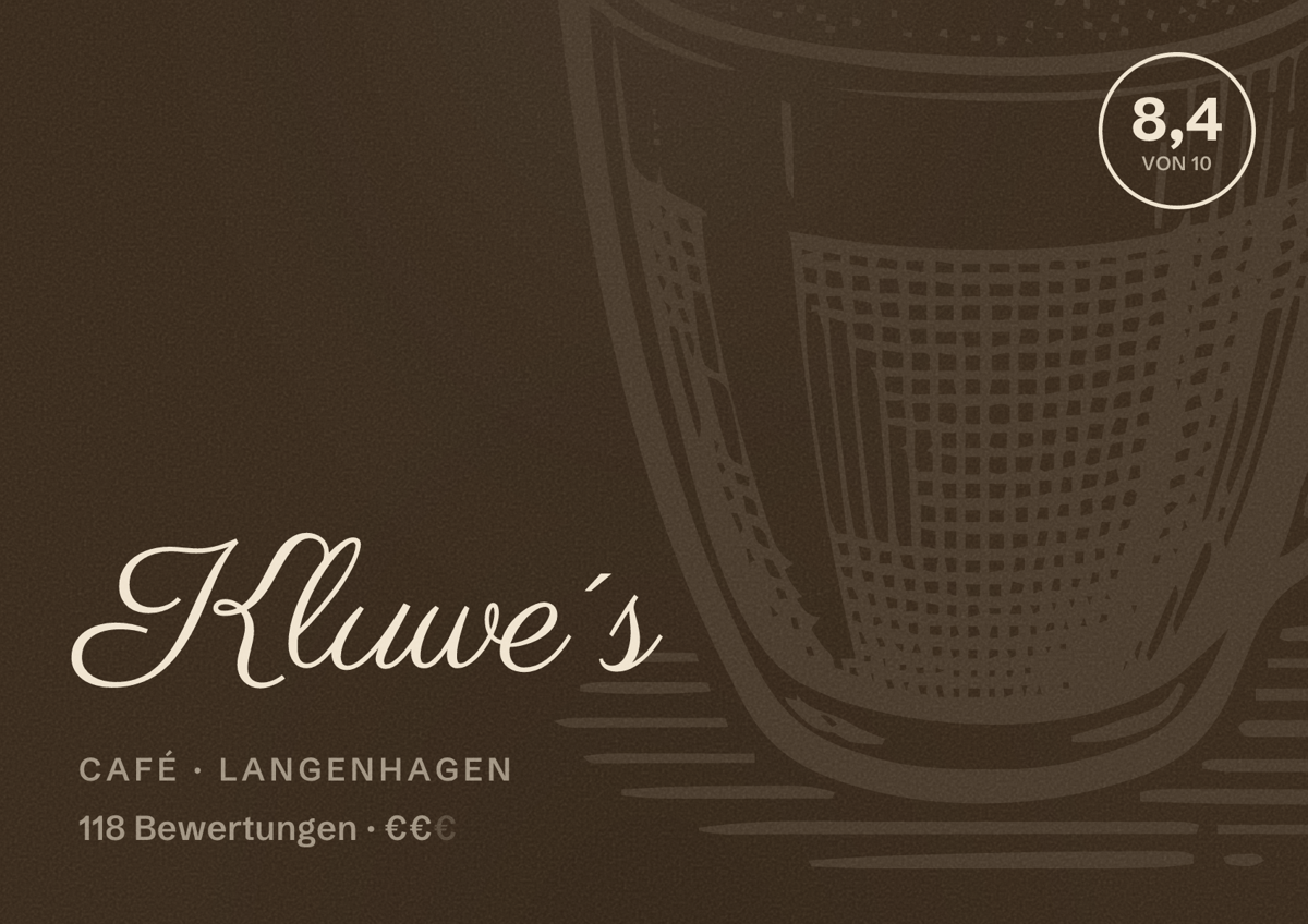 Illustriertes Poster von Kluwe´s, Café in Langenhagen: Bewertung 8,4 von 10 aus 118 Bewertungen, Preisniveau €€