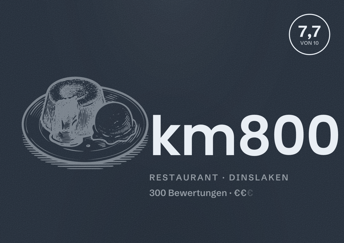 Illustriertes Poster von km800, Restaurant in Dinslaken: Bewertung 7,7 von 10 aus 300 Bewertungen, Preisniveau €€