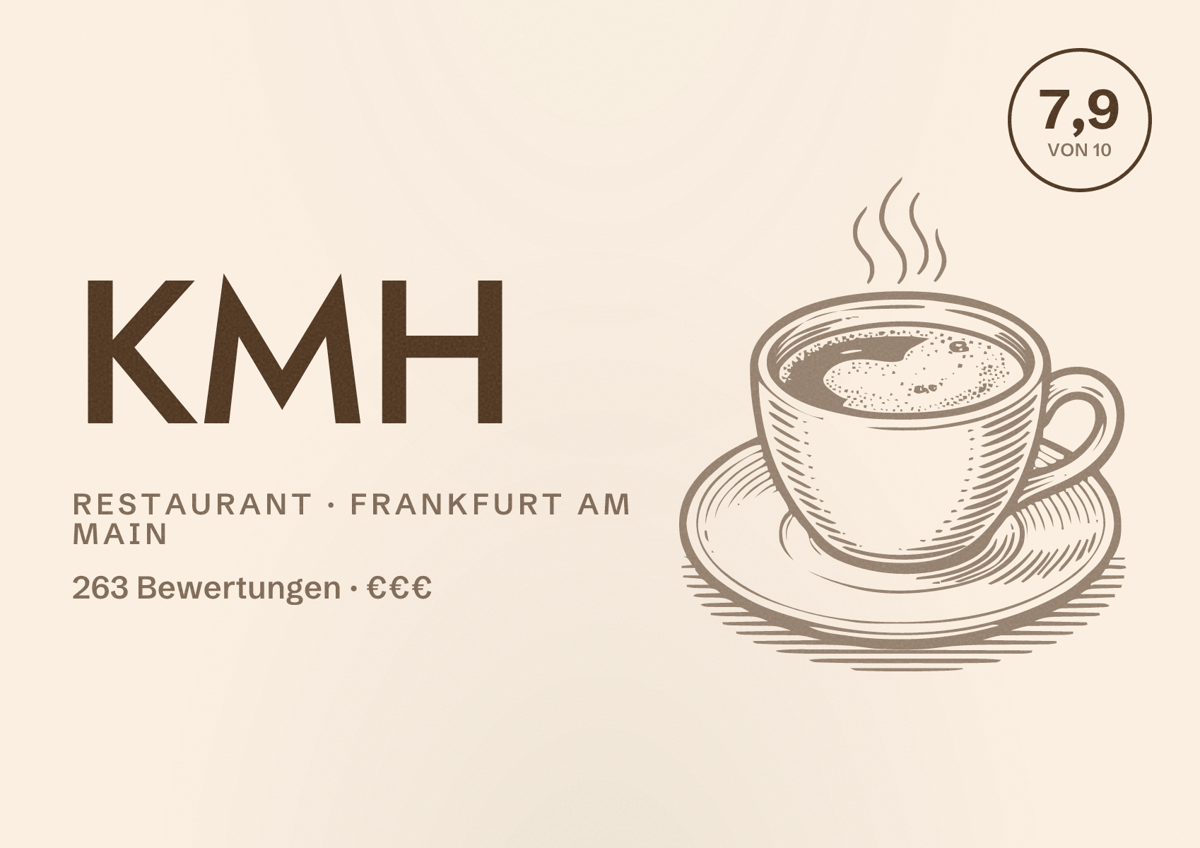 Illustriertes Poster von KMH, Restaurant in Frankfurt am Main: Bewertung 7,9 von 10 aus 263 Bewertungen, Preisniveau €€€