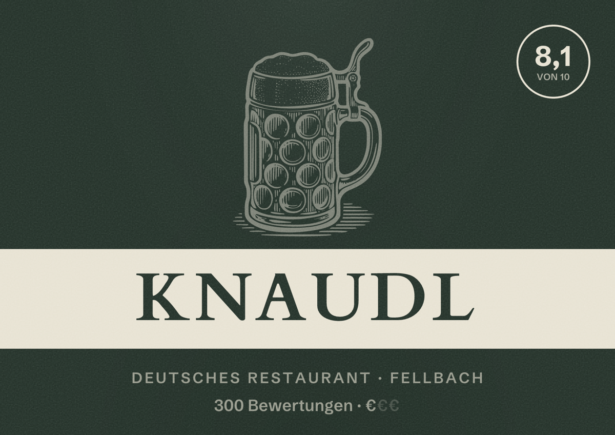 Illustriertes Poster von Knaudl, Deutsches Restaurant in Fellbach: Bewertung 8,1 von 10 aus 300 Bewertungen, Preisniveau €