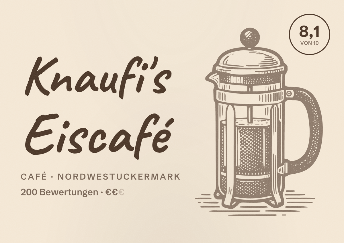 Illustriertes Poster von Knaufi's Eiscafé, Café in Nordwestuckermark: Bewertung 8,1 von 10 aus 200 Bewertungen, Preisniveau €€