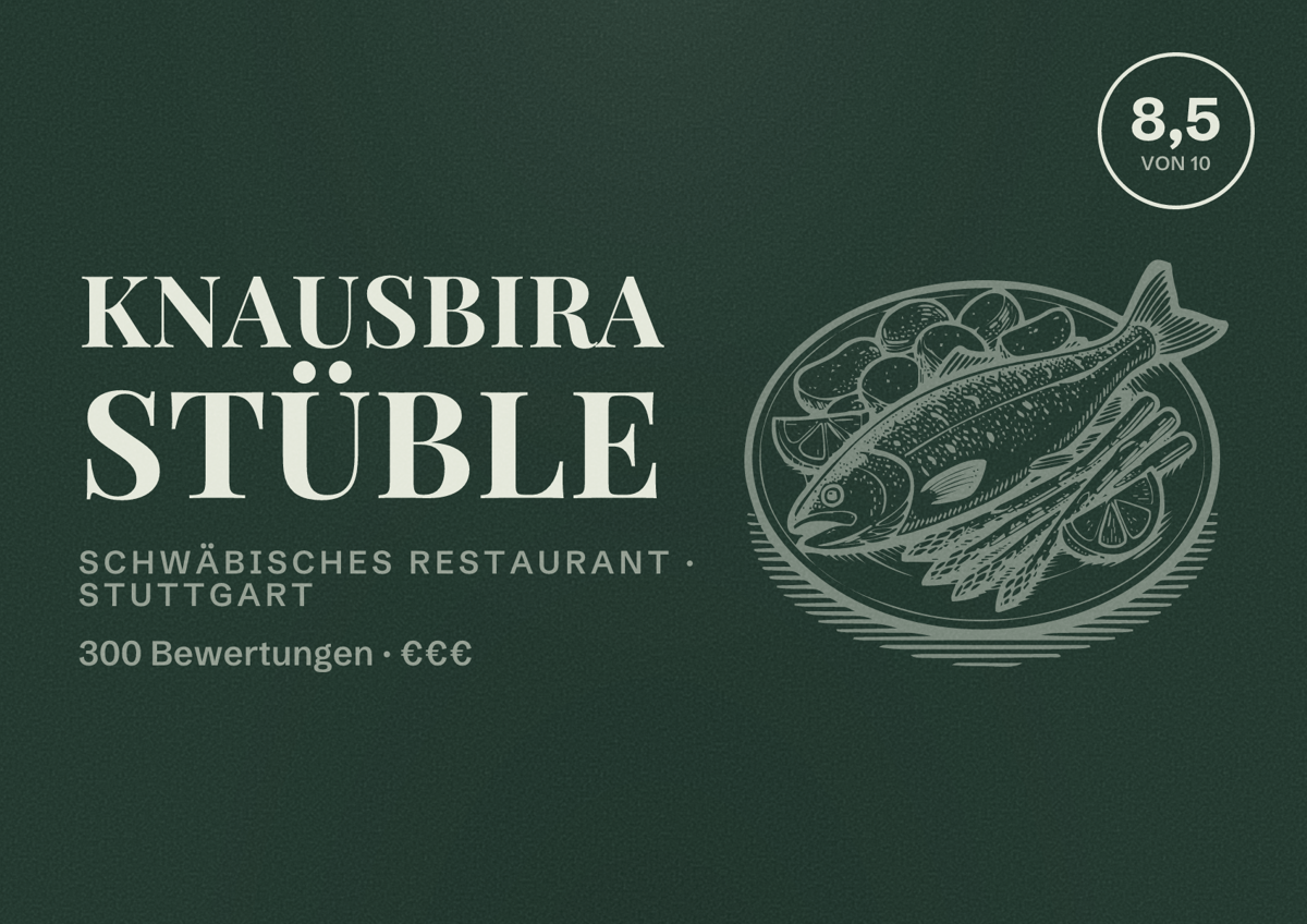 Illustriertes Poster von Knausbira Stüble, Schwäbisches Restaurant in Stuttgart: Bewertung 8,5 von 10 aus 300 Bewertungen, Preisniveau €€€