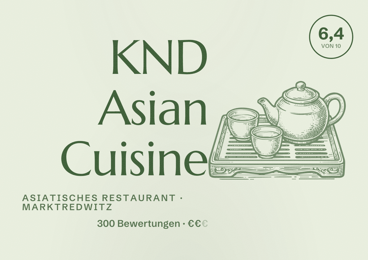 Illustriertes Poster von KND Asian Cuisine, Asiatisches Restaurant in Marktredwitz: Bewertung 6,4 von 10 aus 300 Bewertungen, Preisniveau €€