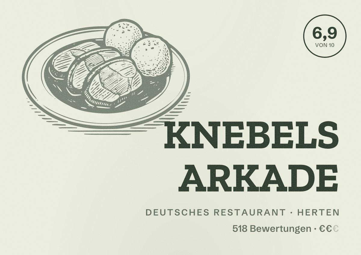 Illustriertes Poster von KNEBELS ARKADE, Deutsches Restaurant in Herten: Bewertung 6,9 von 10 aus 518 Bewertungen, Preisniveau €€
