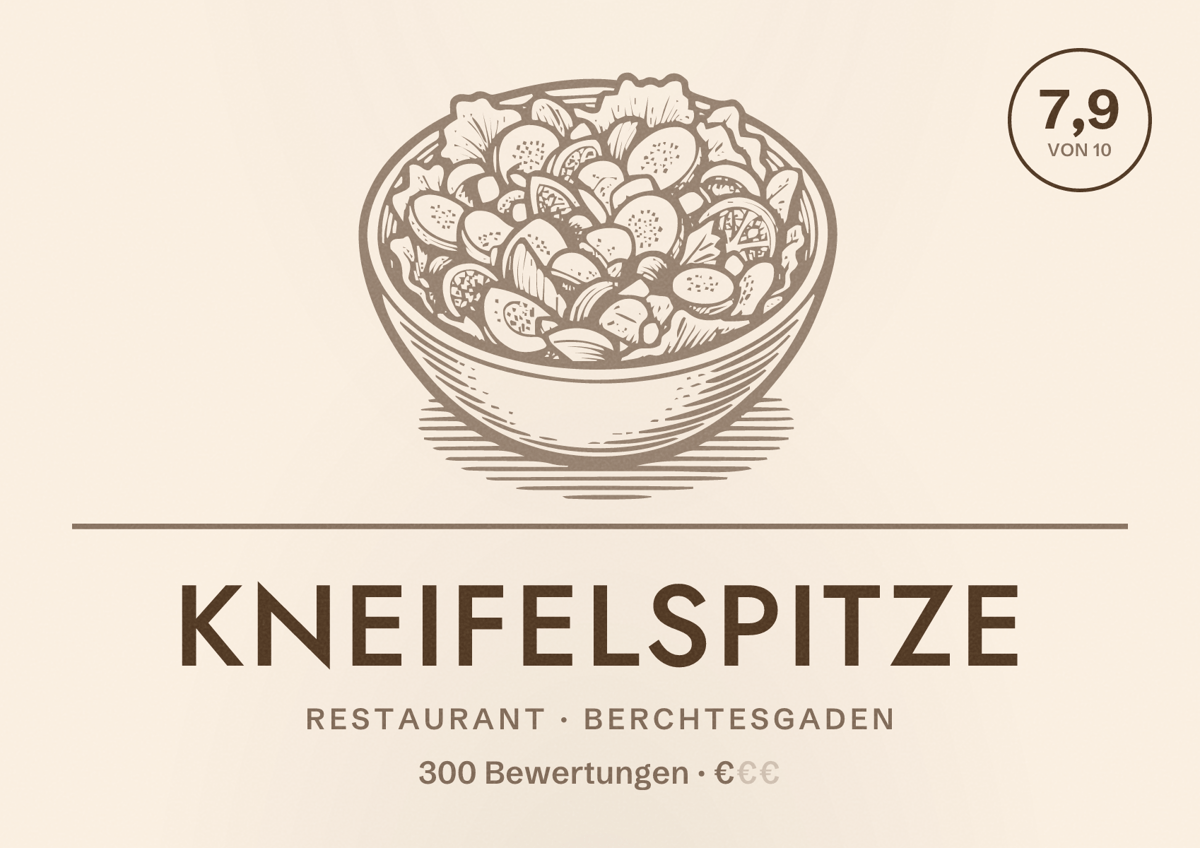 Illustriertes Poster von Kneifelspitze, Restaurant in Berchtesgaden: Bewertung 7,9 von 10 aus 300 Bewertungen, Preisniveau €