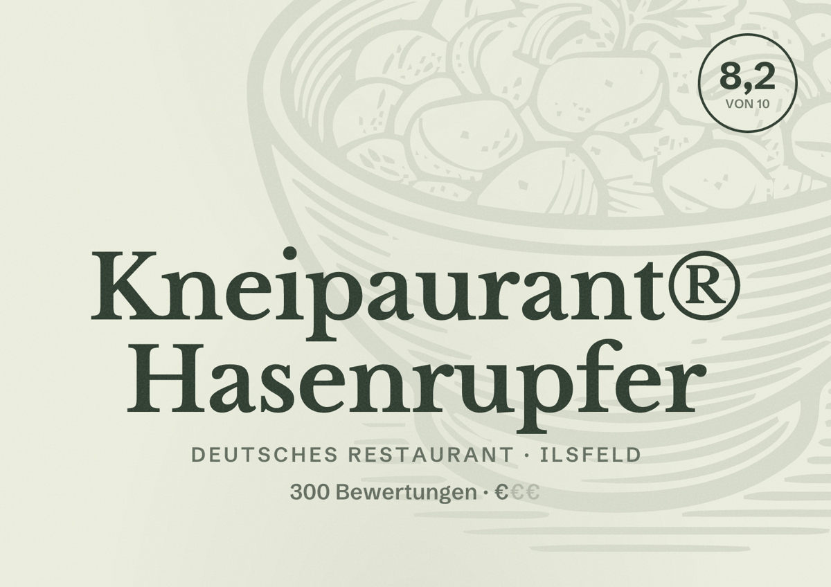 Illustriertes Poster von Kneipaurant® Hasenrupfer, Deutsches Restaurant in Ilsfeld: Bewertung 8,2 von 10 aus 300 Bewertungen, Preisniveau €