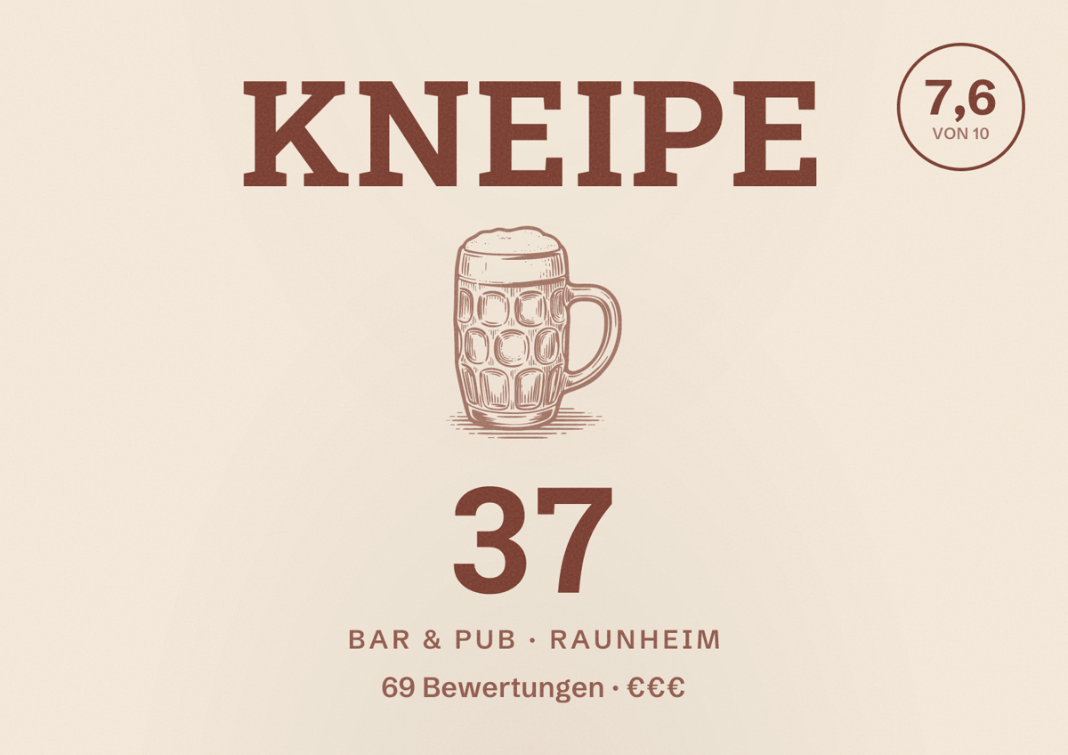 Illustriertes Poster von Kneipe 37, Bar & Pub in Raunheim: Bewertung 7,6 von 10 aus 69 Bewertungen, Preisniveau €€€
