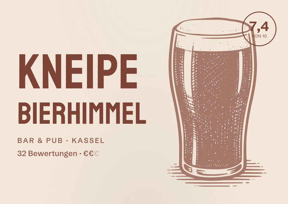 Illustriertes Poster von Kneipe Bierhimmel, Bar & Pub in Kassel: Bewertung 7,4 von 10 aus 32 Bewertungen, Preisniveau €€