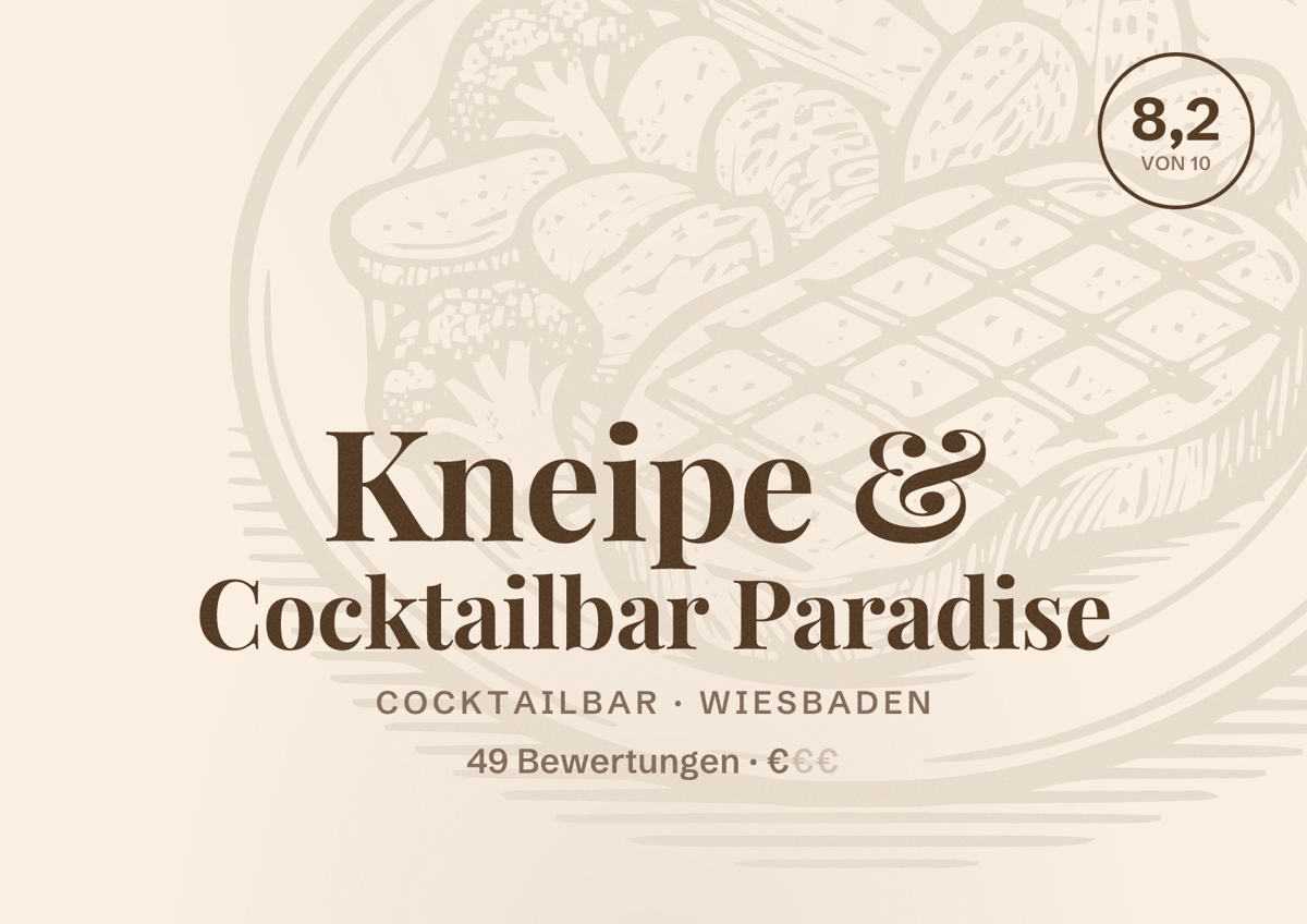 Illustriertes Poster von Kneipe & Cocktailbar Paradise, Cocktailbar in Wiesbaden: Bewertung 8,2 von 10 aus 49 Bewertungen, Preisniveau €