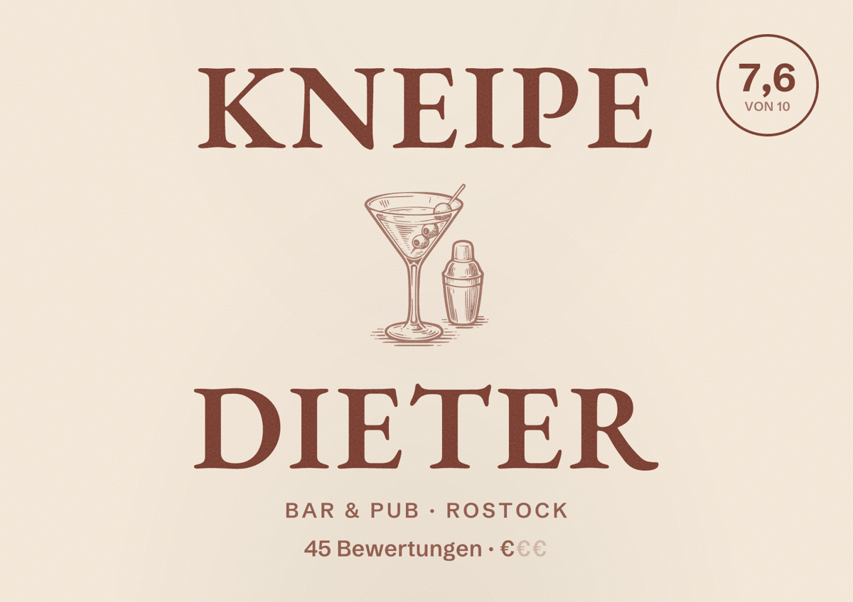 Illustriertes Poster von Kneipe Dieter, Bar & Pub in Rostock: Bewertung 7,6 von 10 aus 45 Bewertungen, Preisniveau €
