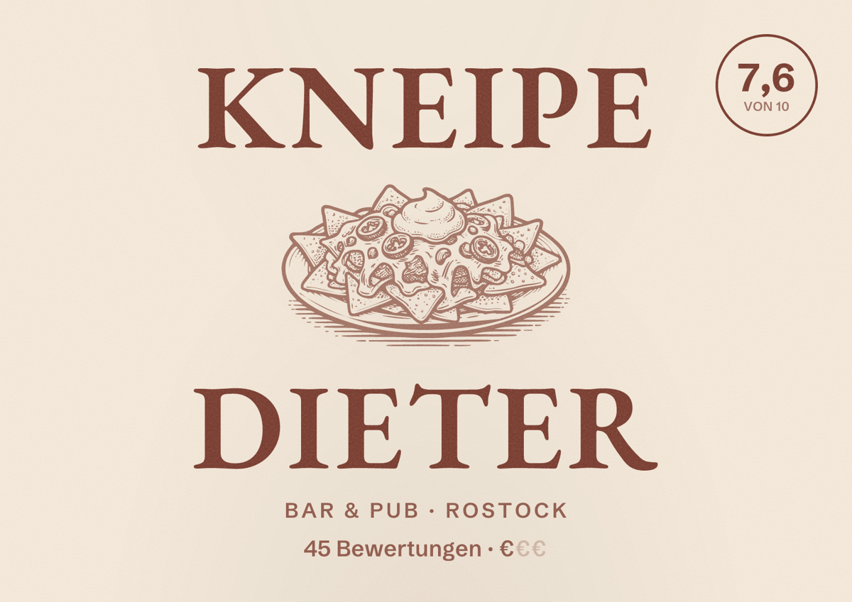 Illustriertes Poster von Kneipe Dieter, Bar & Pub in Rostock: Bewertung 7,6 von 10 aus 45 Bewertungen, Preisniveau €