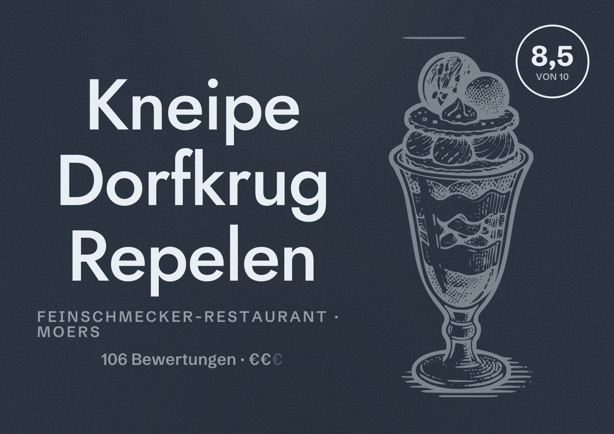 Illustriertes Poster von Kneipe Dorfkrug Repelen, Feinschmecker-Restaurant in Moers: Bewertung 8,5 von 10 aus 106 Bewertungen, Preisniveau €€