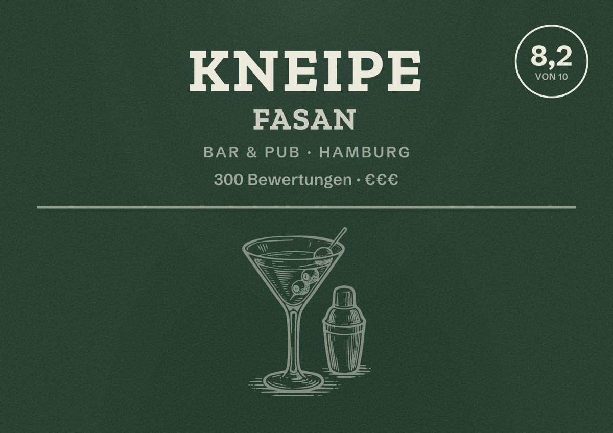 Illustriertes Poster von Kneipe Fasan, Bar & Pub in Hamburg: Bewertung 8,2 von 10 aus 300 Bewertungen, Preisniveau €€€