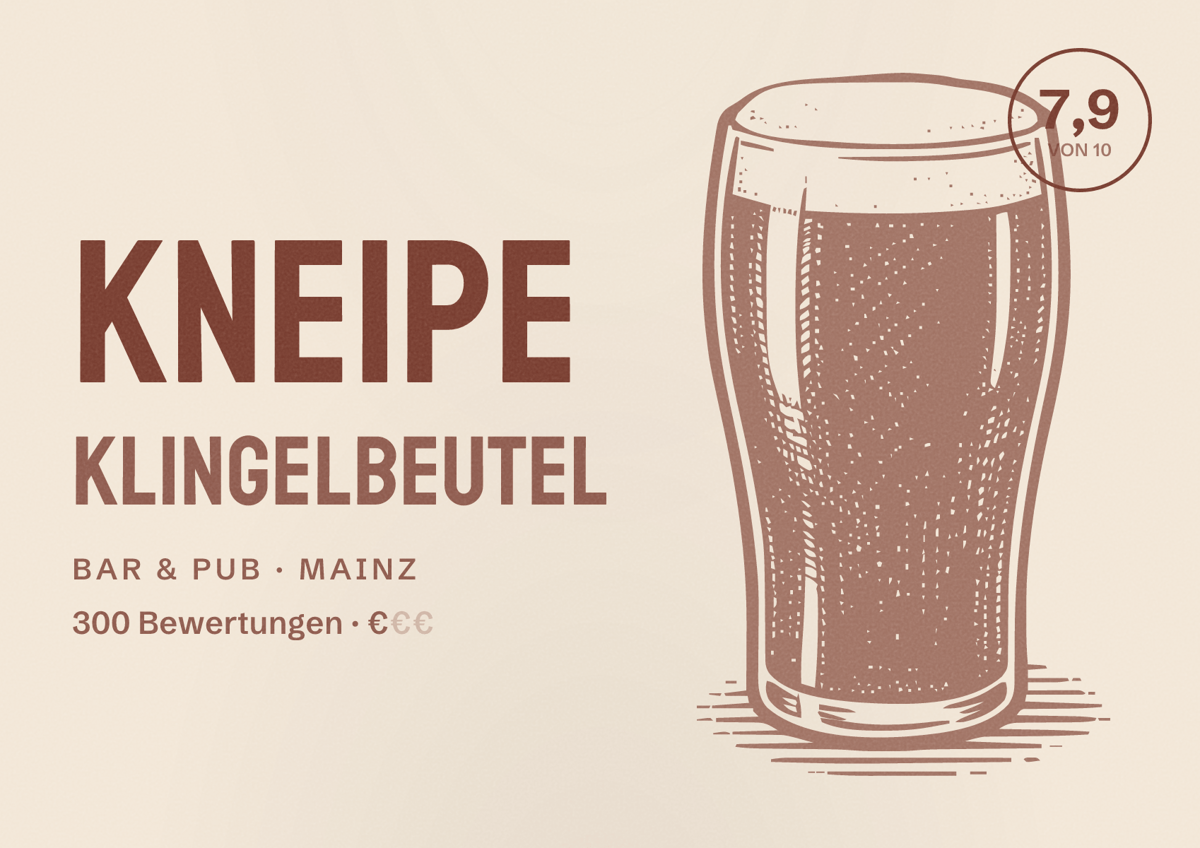Illustriertes Poster von Kneipe Klingelbeutel, Bar & Pub in Mainz: Bewertung 7,9 von 10 aus 300 Bewertungen, Preisniveau €