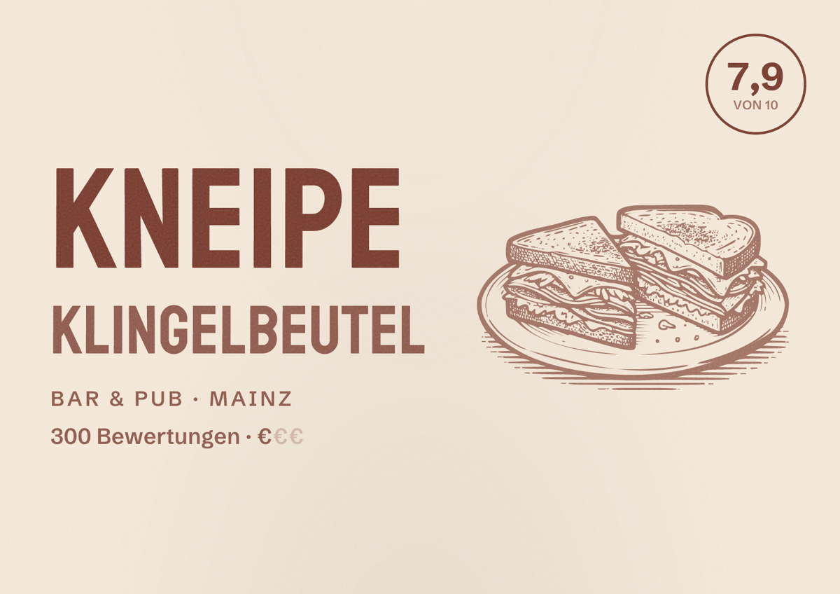 Illustriertes Poster von Kneipe Klingelbeutel, Bar & Pub in Mainz: Bewertung 7,9 von 10 aus 300 Bewertungen, Preisniveau €