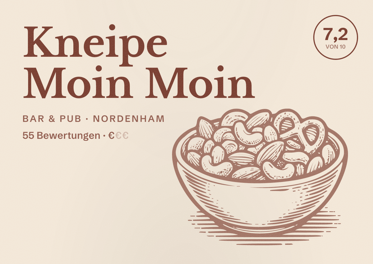 Illustriertes Poster von Kneipe Moin Moin, Bar & Pub in Nordenham: Bewertung 7,2 von 10 aus 55 Bewertungen, Preisniveau €
