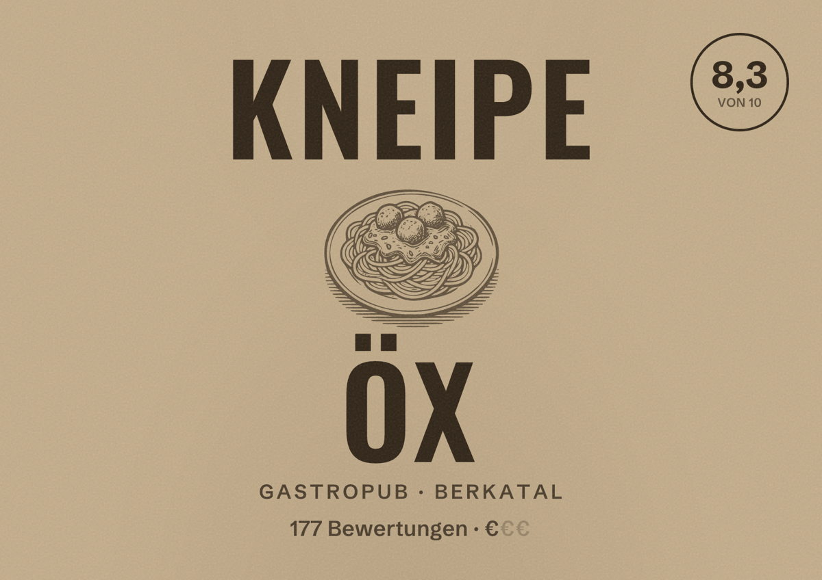 Illustriertes Poster von Kneipe ÖX, Gastropub in Berkatal: Bewertung 8,3 von 10 aus 177 Bewertungen, Preisniveau €