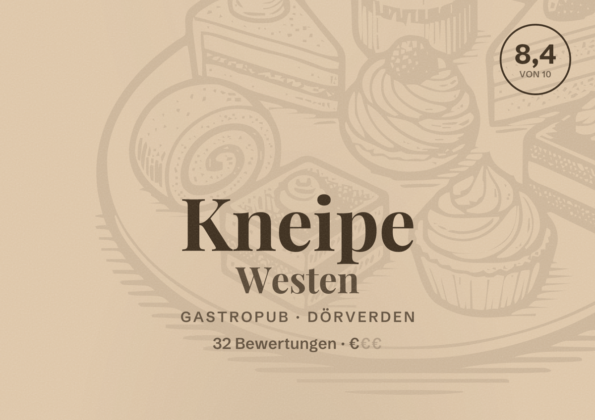 Illustriertes Poster von Kneipe Westen, Gastropub in Dörverden: Bewertung 8,4 von 10 aus 32 Bewertungen, Preisniveau €