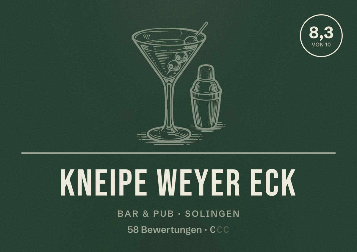 Illustriertes Poster von Kneipe Weyer Eck, Bar & Pub in Solingen: Bewertung 8,3 von 10 aus 58 Bewertungen, Preisniveau €