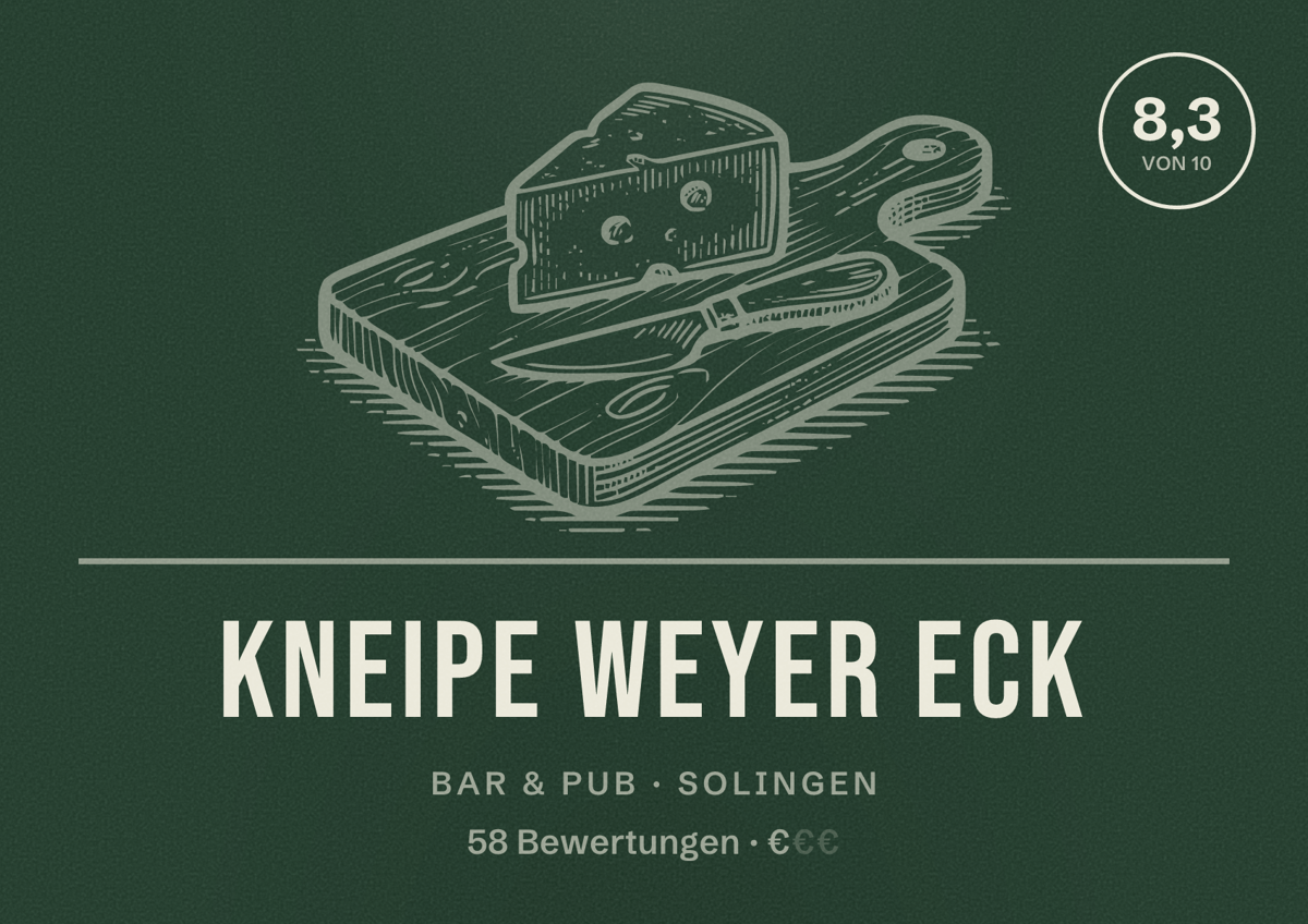 Illustriertes Poster von Kneipe Weyer Eck, Bar & Pub in Solingen: Bewertung 8,3 von 10 aus 58 Bewertungen, Preisniveau €